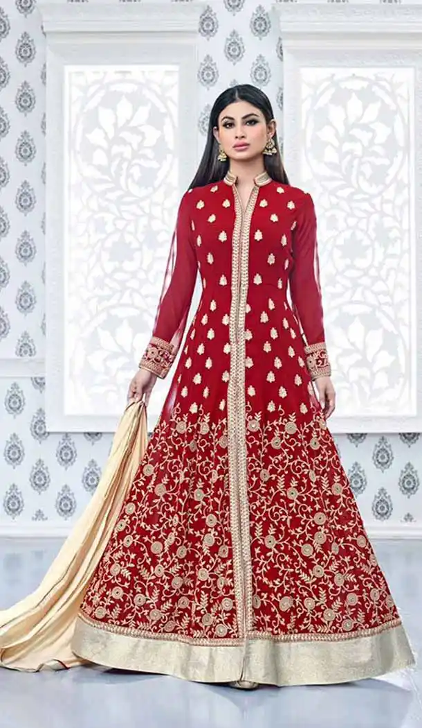 Red Color Georgette Achkan Style Evening Wear Salwar Kameez | FH540781295
