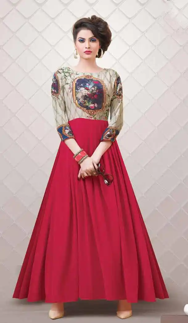 Crimson Color Georgette Geometric Print A-line Style Party Wear Kurtis | FH541881399