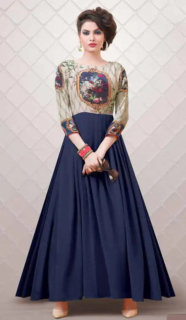 Navy Blue Color Georgette Geometric Print A-line Style Party Wear Kurtis | FH541881401