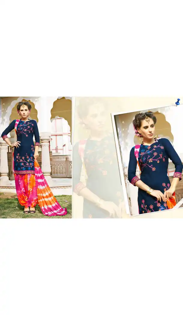 Navy Blue Color Cotton Straight Cut Casual Wear Punjabi Patiyala Dress | FH542081413