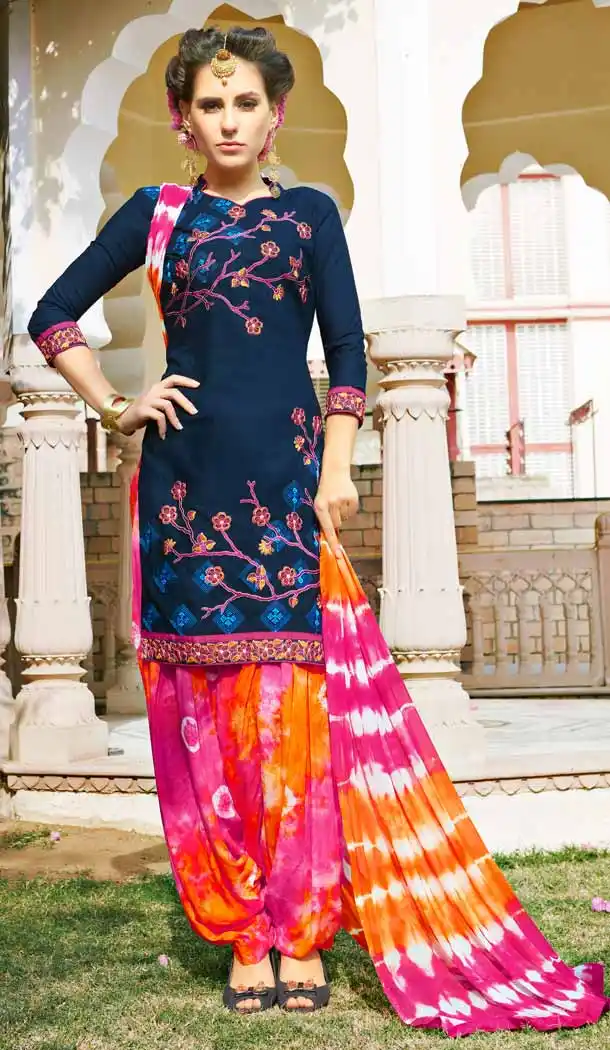 Navy Blue Color Cotton Straight Cut Casual Wear Punjabi Patiyala Dress | FH542081413