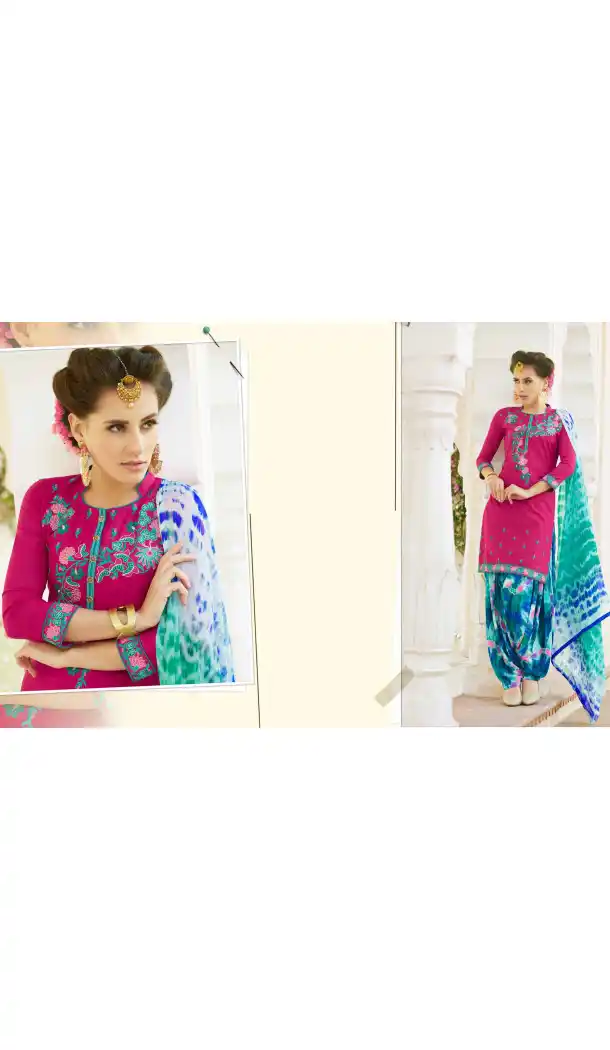 Deep Pink Color Cotton Straight Cut Casual Wear Punjabi Patiyala Dress | FH542081414