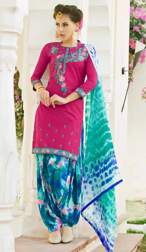 Deep Pink Color Cotton Straight Cut Casual Wear Punjabi Patiyala Dress | FH542081414