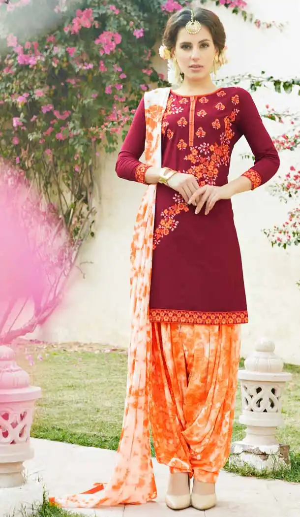Maroon Color Cotton Straight Cut Casual Wear Punjabi Patiyala Dress | FH542081417