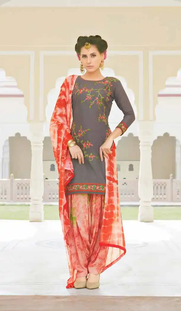 Slate Grey Color Cotton Straight Cut Casual Wear Punjabi Patiyala Dress | FH542081418
