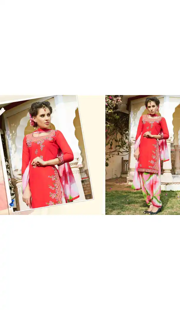 Red Color Cotton Straight Cut Casual Wear Punjabi Patiyala Dress | FH542081419