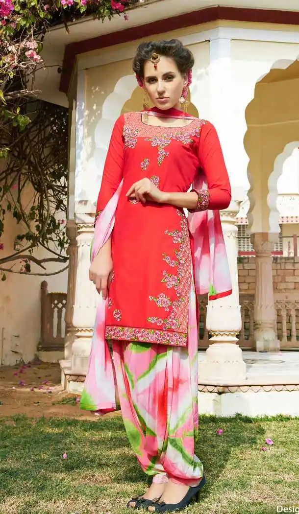 Red Color Cotton Straight Cut Casual Wear Punjabi Patiyala Dress | FH542081419