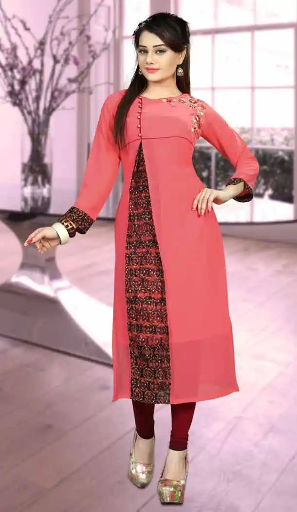 Salmon Color Georgette Straight Style Designer Wear Kurtis | FH542381449