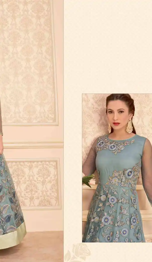 Dove Color Net Long Anarkali Style Pakistani Salwar Kameez | FH542681464