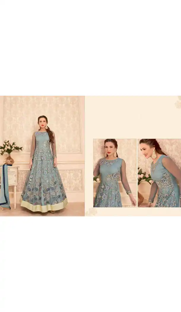 Dove Color Net Long Anarkali Style Pakistani Salwar Kameez | FH542681464