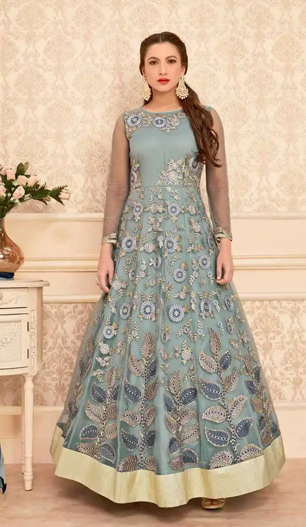 Dove Color Net Long Anarkali Style Pakistani Salwar Kameez | FH542681464