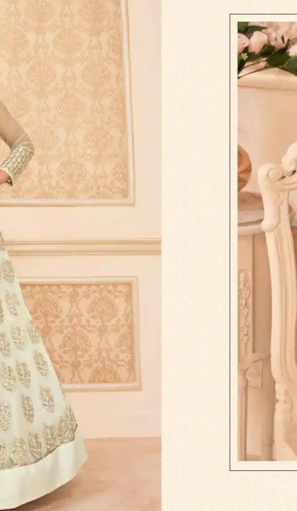 Off White Color Net Long Anarkali Style Pakistani Salwar Kameez | FH542681465