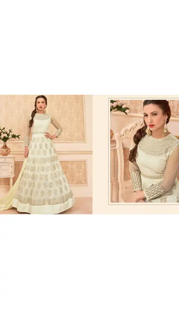 Off White Color Net Long Anarkali Style Pakistani Salwar Kameez | FH542681465
