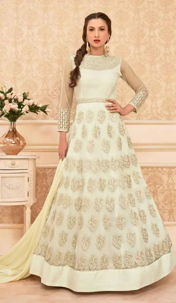Off White Color Net Long Anarkali Style Pakistani Salwar Kameez | FH542681465