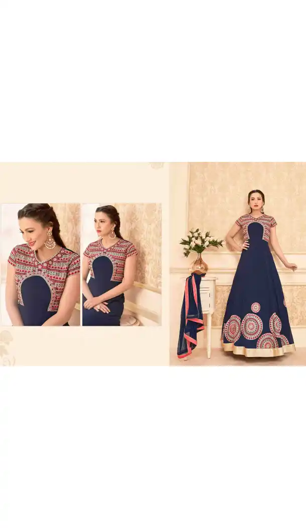 Navy Blue Color Georgette Long Anarkali Style Pakistani Salwar Kameez | FH542681466