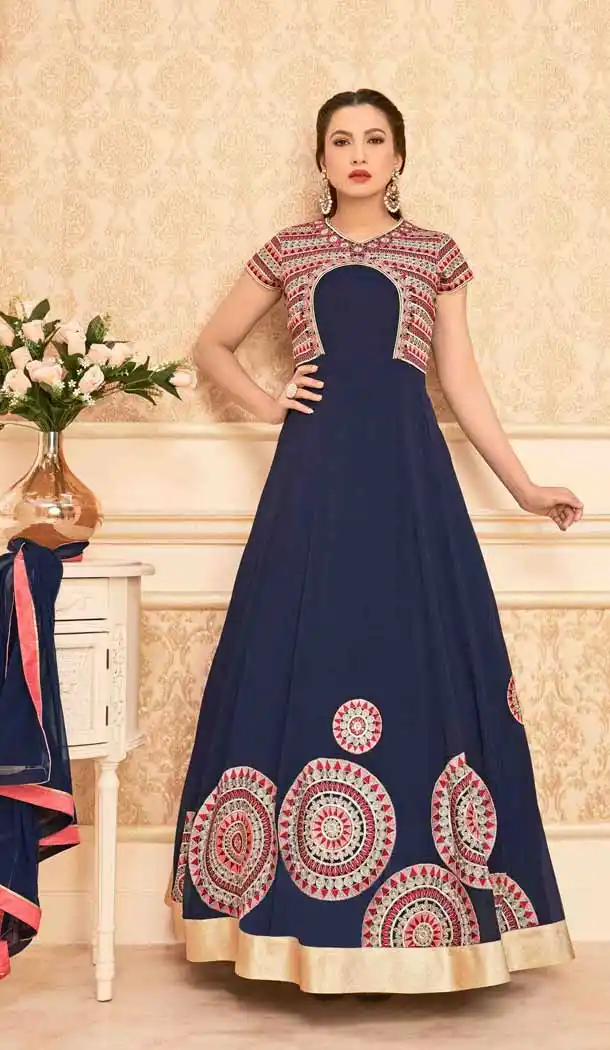 Navy Blue Color Georgette Long Anarkali Style Pakistani Salwar Kameez | FH542681466