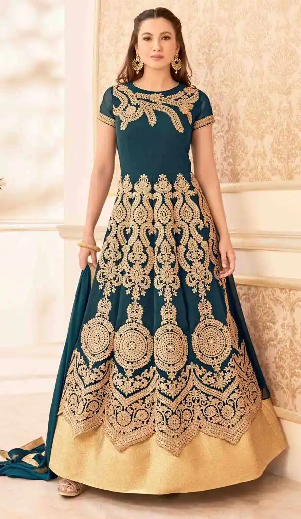 Cadet Blue Color Georgette Long Anarkali Style Pakistani Salwar Kameez | FH542681469