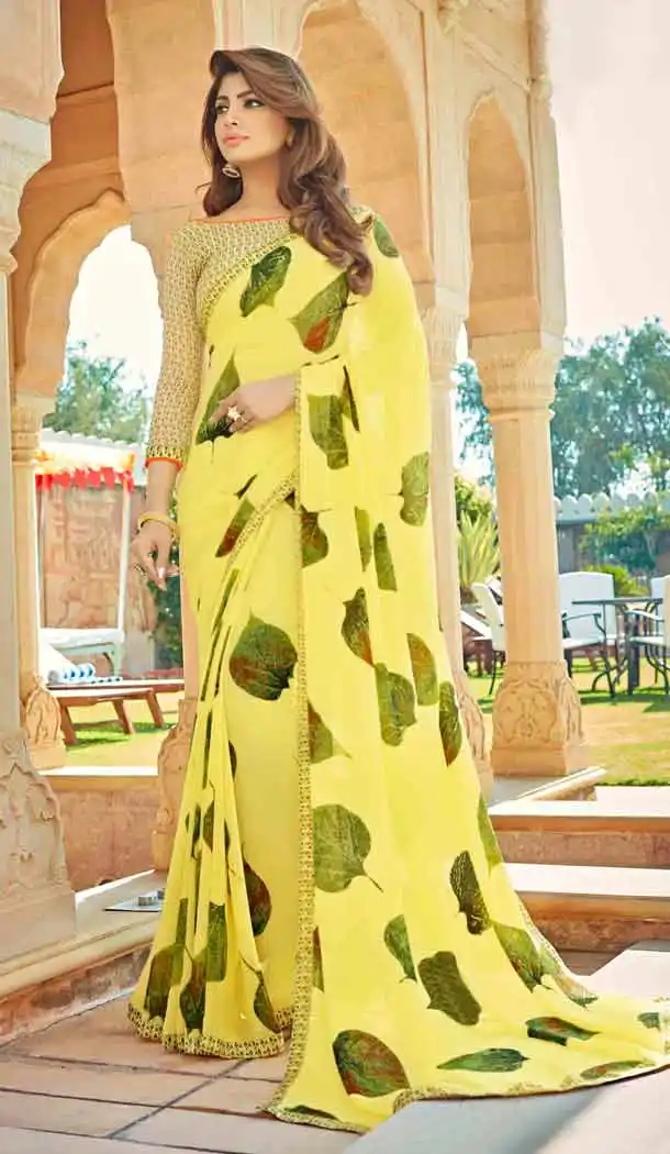Yellow Color Georgette Fancy Printed Casual Wear Saris | FH543381559