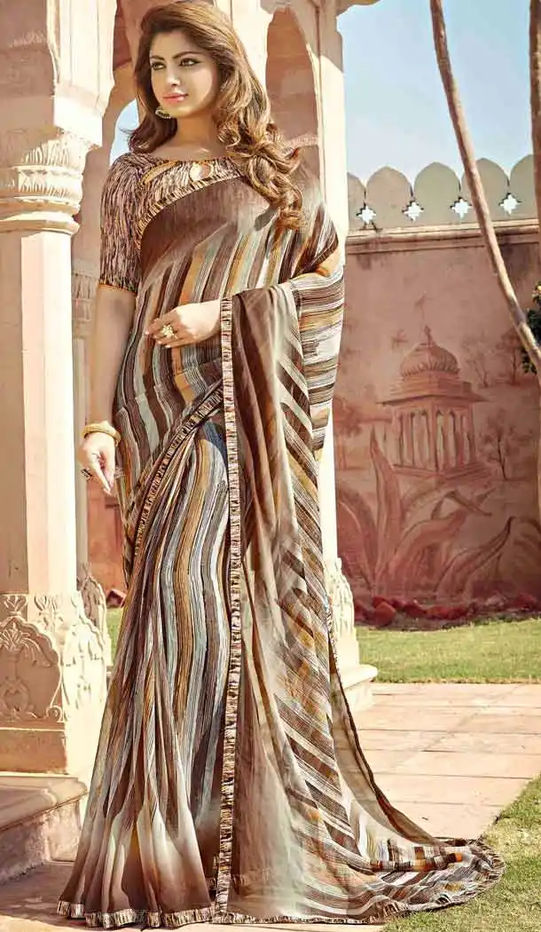 Tan Brown Color Georgette Fancy Printed Casual Wear Saris | FH543381562