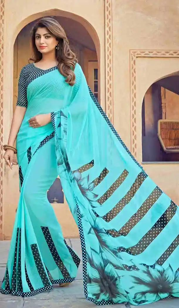 Sky Blue Color Georgette Fancy Printed Casual Wear Saris | FH543381563