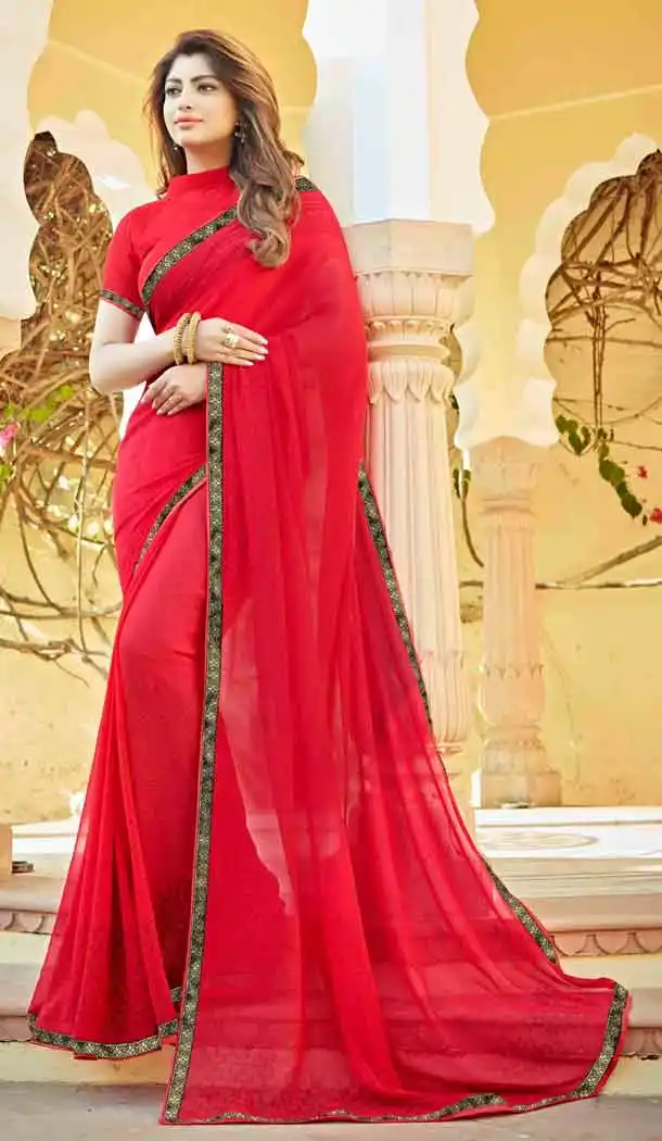 Crimson Color Georgette Fancy Printed Casual Wear Saris | FH543381564