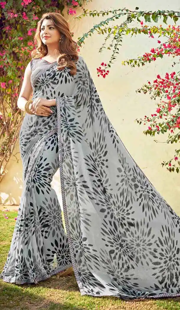 Slate Grey Color Georgette Fancy Printed Casual Wear Saris | FH543381565