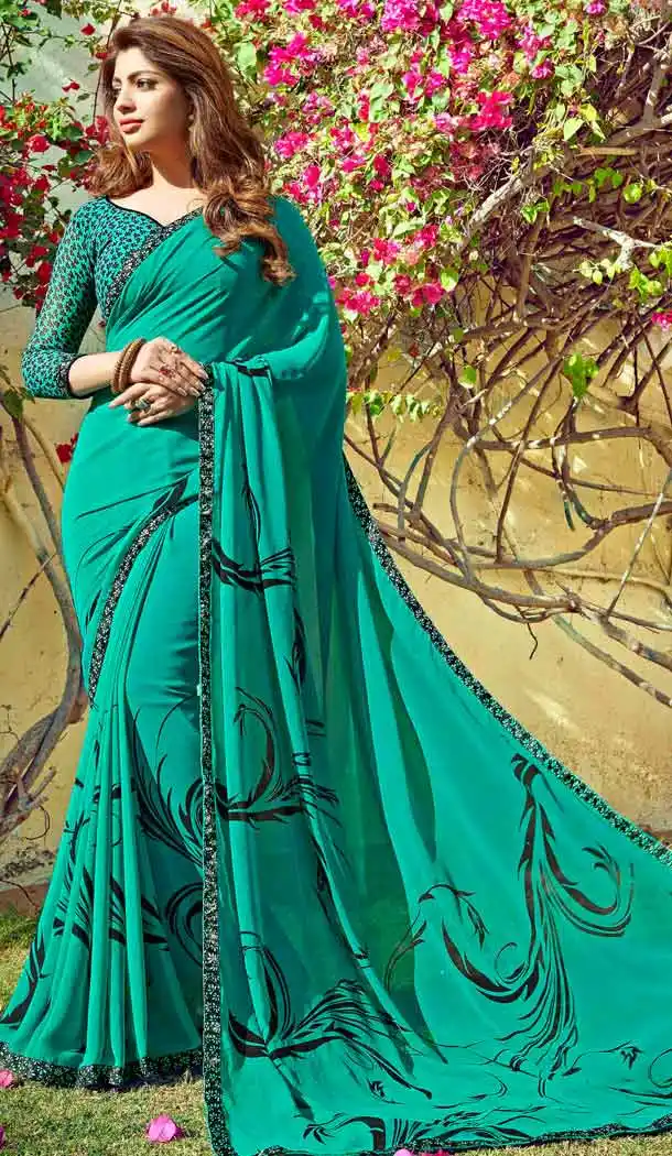 Emerald Color Georgette Fancy Printed Casual Wear Saris | FH543381566