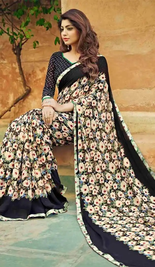 Black Color Georgette Fancy Printed Casual Wear Saris | FH543381568