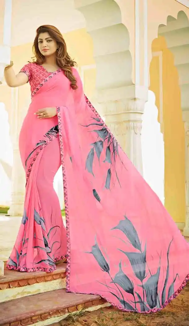 Salmon Color Georgette Fancy Printed Casual Wear Saris | FH543381569