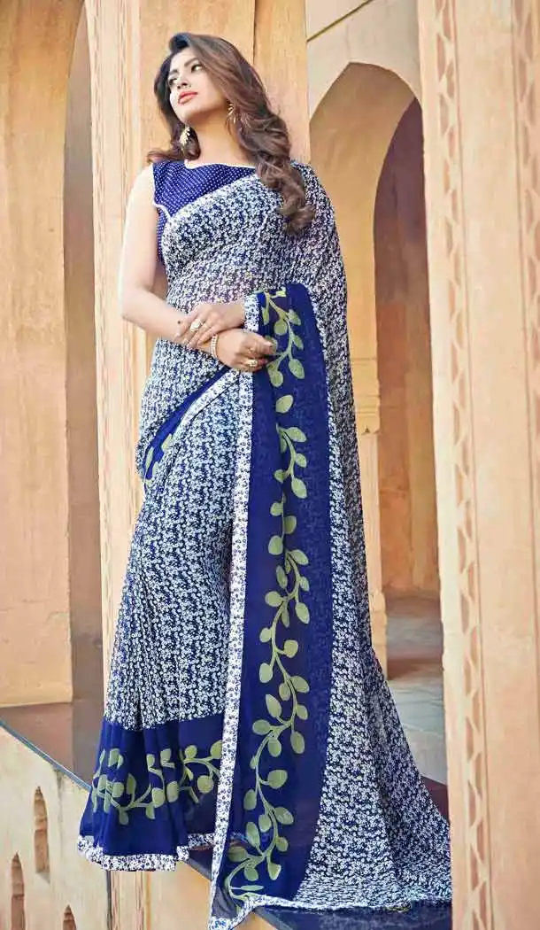 Blue Color Georgette Fancy Printed Casual Wear Saris | FH543381570