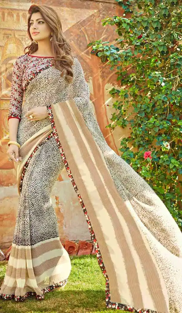 Tan Brown Color Georgette Fancy Printed Casual Wear Saris | FH543381572