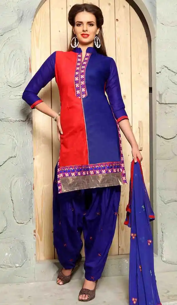 Blue Color Cotton Straight Cut Daily Wear Punjabi Patiyala Dresses | FH543681605