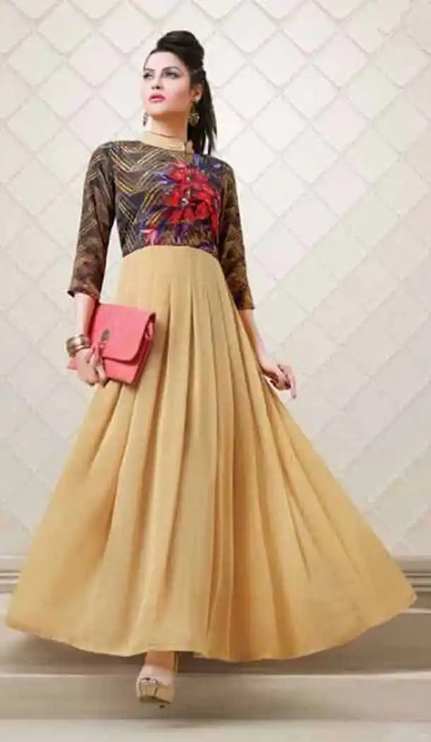 A-line Style Georgette Beige Color Party Wear Readymade Kurtis | FH543781611