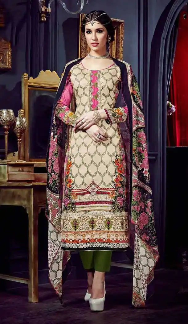Beige Color Cotton Straight Cut Geometric Print Salwar Kameez | FH544181651