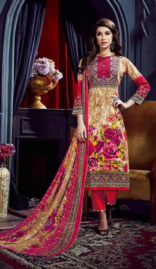 Beige Color Cotton Straight Cut Geometric Print Salwar Kameez | FH544181652