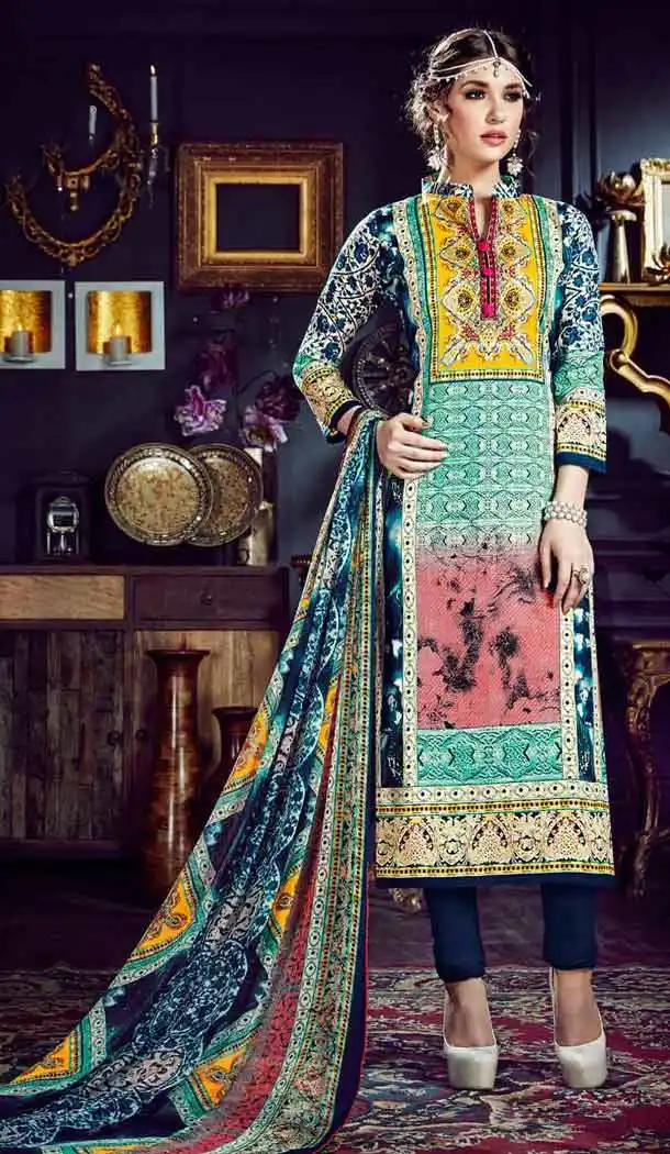 Emerald Color Cotton Straight Cut Geometric Print Salwar Kameez | FH544181653