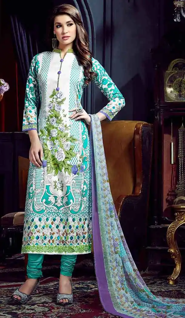 White Color Cotton Straight Cut Geometric Print Salwar Kameez | FH544181654