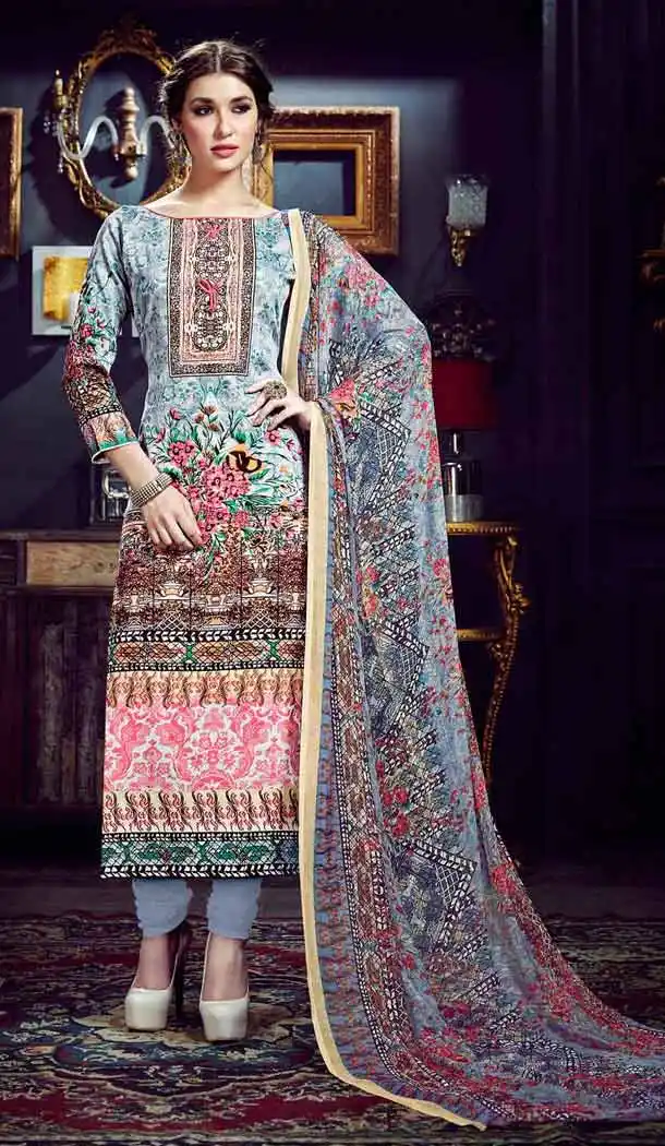 Slate Grey Color Cotton Straight Cut Geometric Print Salwar Kameez | FH544181655