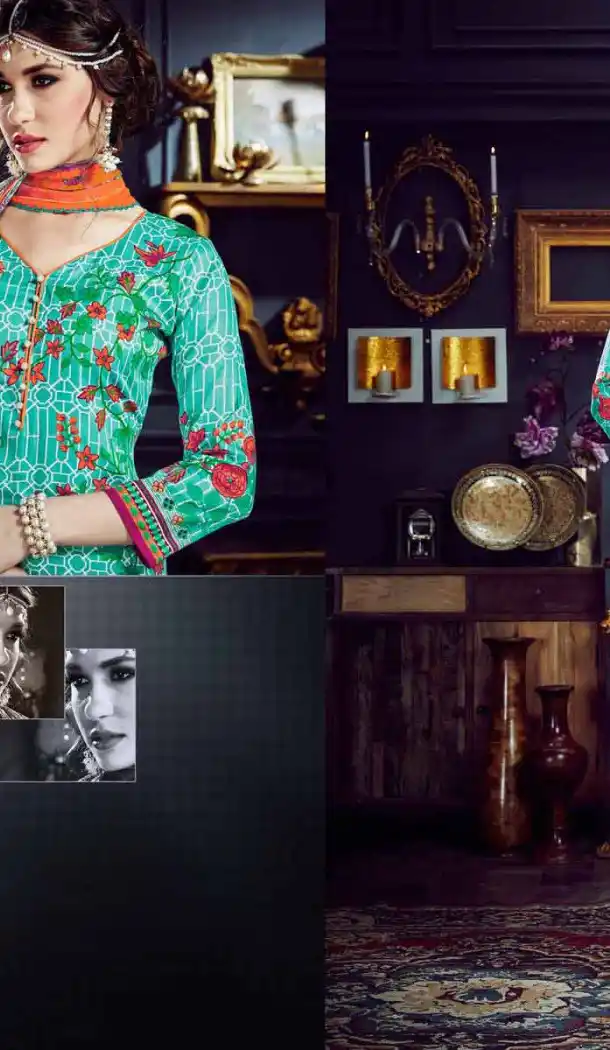 Turquoise Color Cotton Straight Cut Geometric Print Salwar Kameez | FH544181656