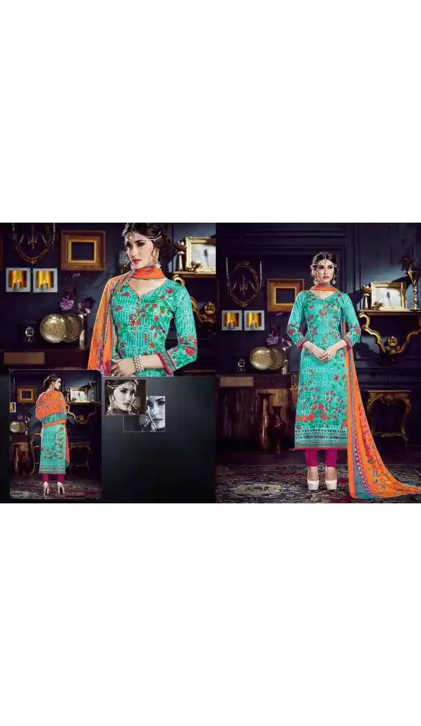 Turquoise Color Cotton Straight Cut Geometric Print Salwar Kameez | FH544181656