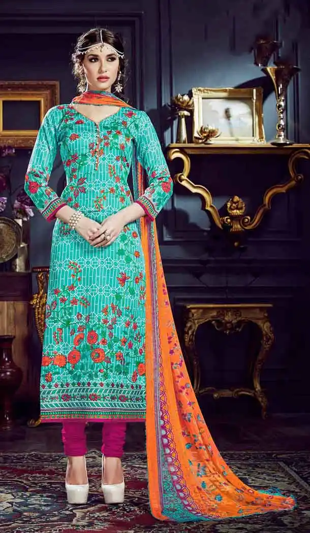 Turquoise Color Cotton Straight Cut Geometric Print Salwar Kameez | FH544181656