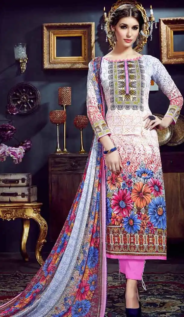 White Color Cotton Straight Cut Geometric Print Salwar Kameez | FH544181657
