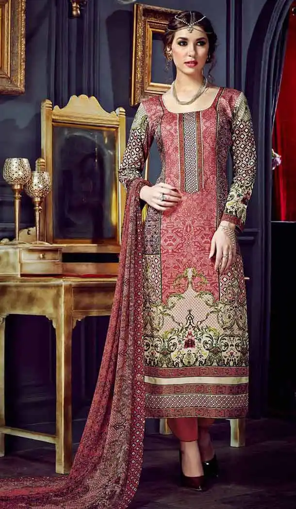 Salmon Color Cotton Straight Cut Geometric Print Salwar Kameez | FH544181658