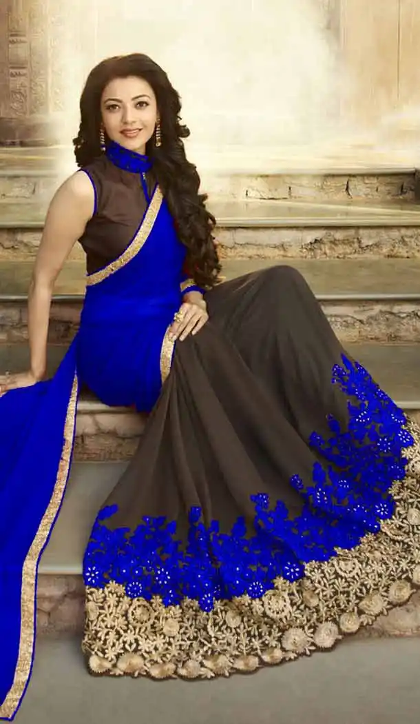 South Indian Movies Heroines Kajal Aggarwal in Blue Color Saree | FH544381664
