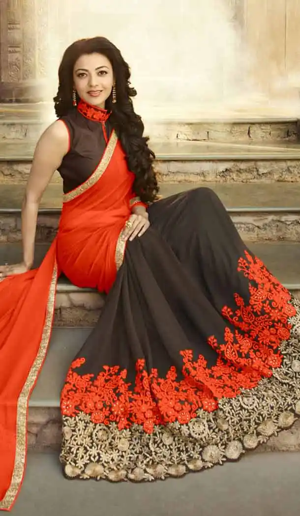South Indian Movies Heroines Kajal Aggarwal in Orange Color Saree | FH544381666