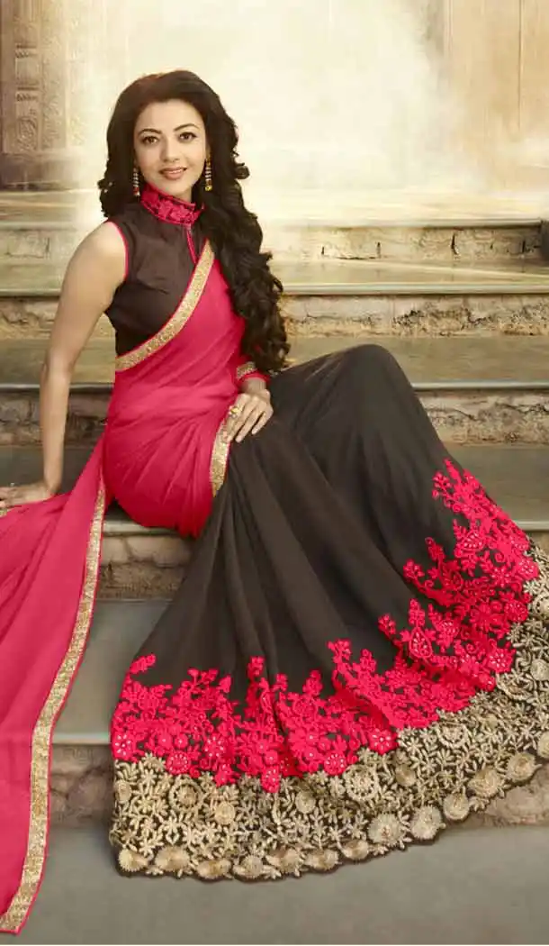 South Indian Movies Heroines Kajal Aggarwal in Deep Pink Color Saree | FH544381667