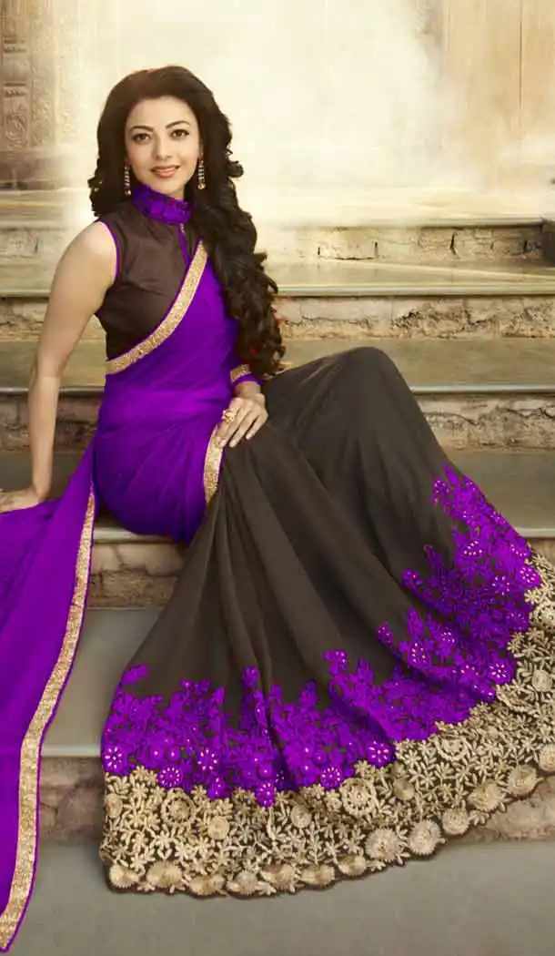 South Indian Movies Heroines Kajal Aggarwal in Purple Color Saree | FH544381668