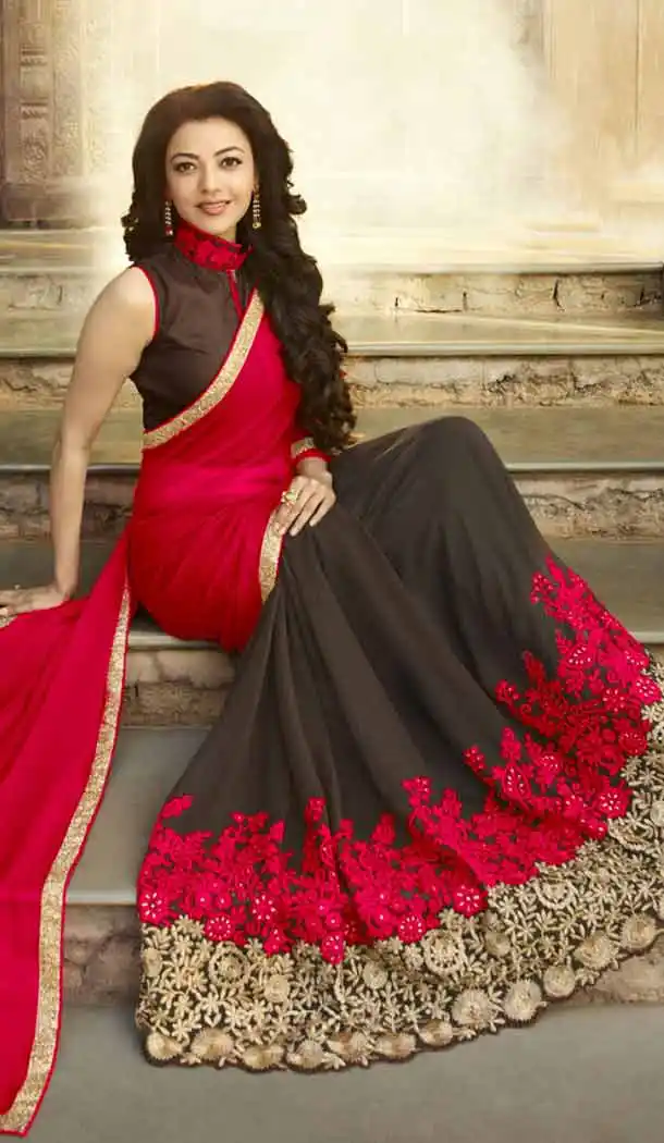 South Indian Movies Heroines Kajal Aggarwal in Red Color Saree | FH544381669