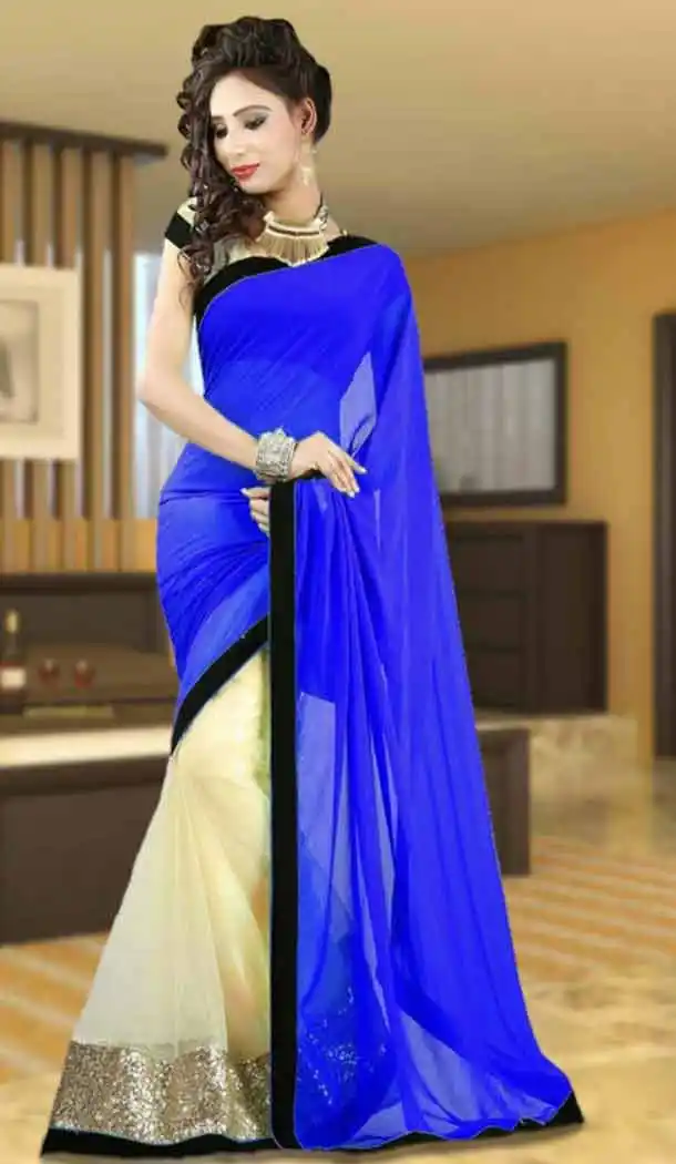 Fancy Style Georgette Blue Color Casual Wear Saree | FH544481673