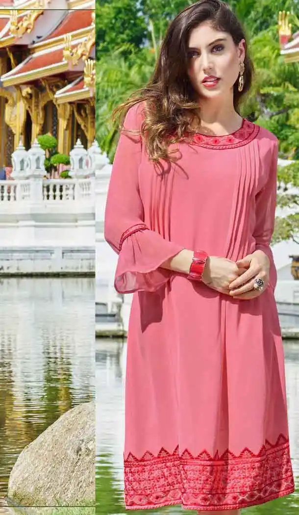 Salmon Color Georgette A-line Indo Western Style Tunic Top | FH545081726